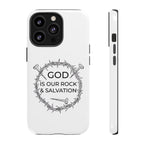 White iPhone case with a black graphic and text saying God is our Rock & Salvation displayed on an iPhone 13 Pro