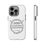 White iPhone case with a black graphic and text saying God is our Rock & Salvation displayed on an iPhone 14 Pro
