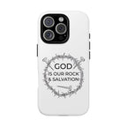 White iPhone case with a black graphic and text saying God is our Rock & Salvation displayed on an iPhone 16 Pro