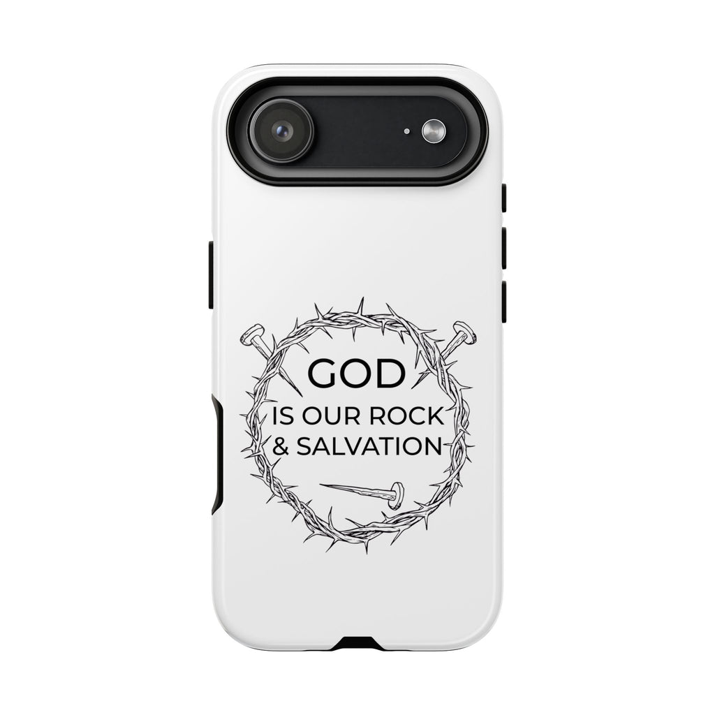 White iPhone case with a black graphic and text saying God is our Rock & Salvation displayed on an iPhone 17 Air