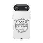 White iPhone case with a black graphic and text saying God is our Rock & Salvation displayed on an iPhone 17 Air