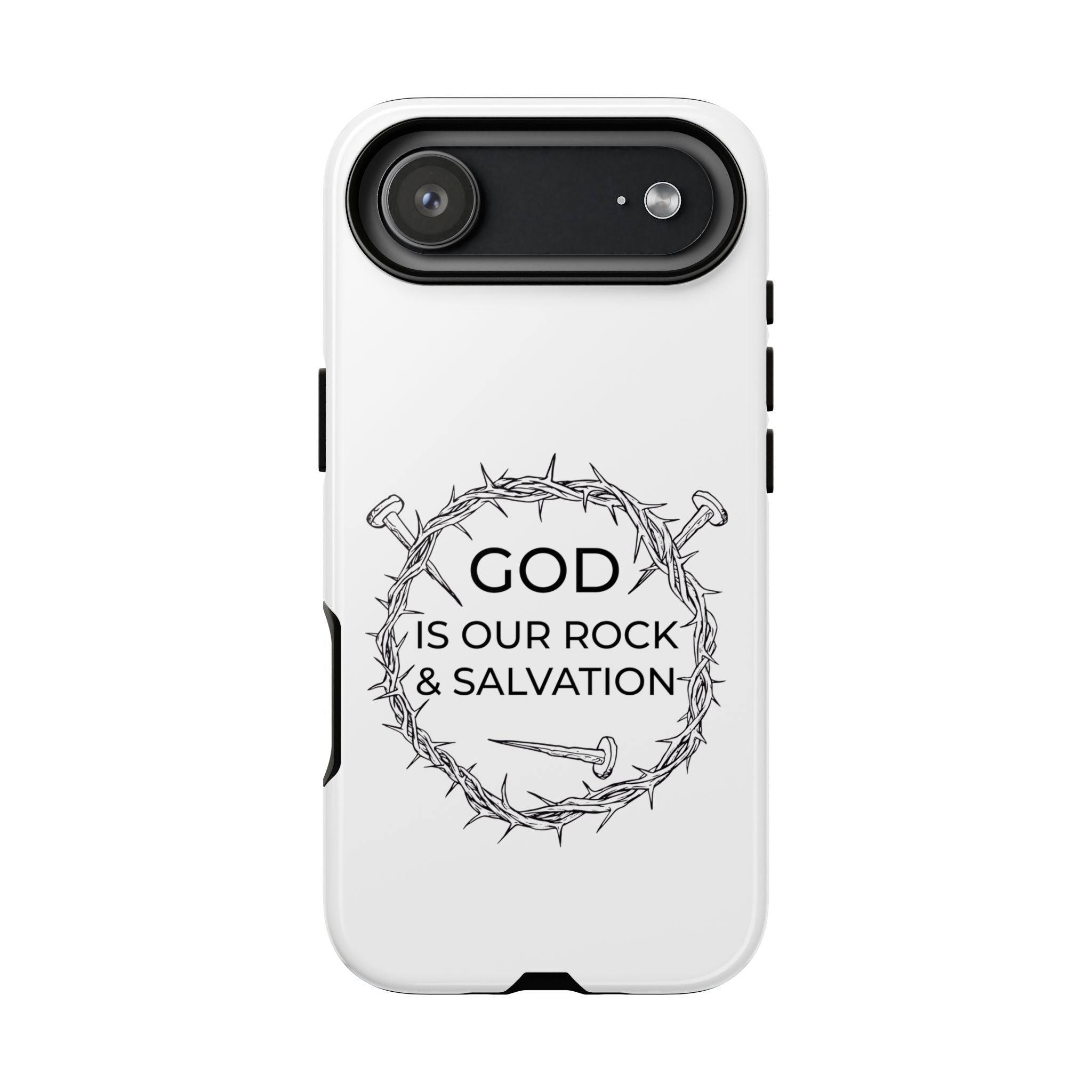 White iPhone case with a black graphic and text saying God is our Rock & Salvation displayed on an iPhone 17 Air