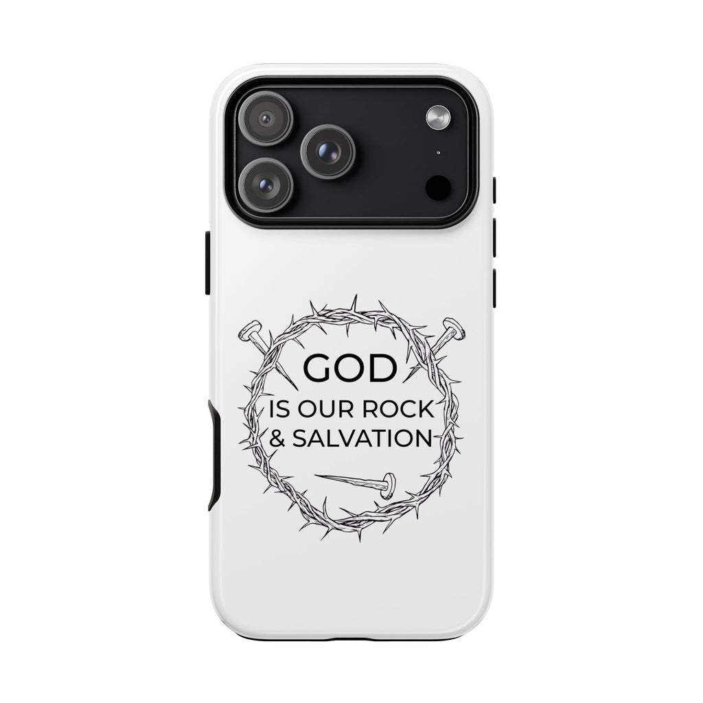 White iPhone case with a black graphic and text saying God is our Rock & Salvation displayed on an iPhone 17 Pro Max