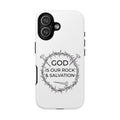 White iPhone case with a black graphic and text saying God is our Rock & Salvation displayed on an iPhone 17