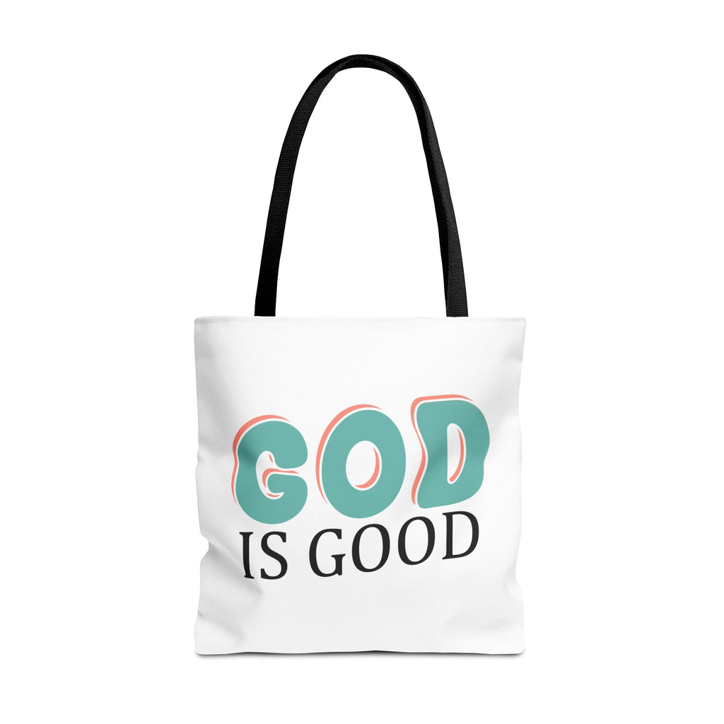 Front view of large White tote bag with black handles and colorful graphic that says God is Good