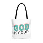 Front view of large White tote bag with black handles and colorful graphic that says God is Good