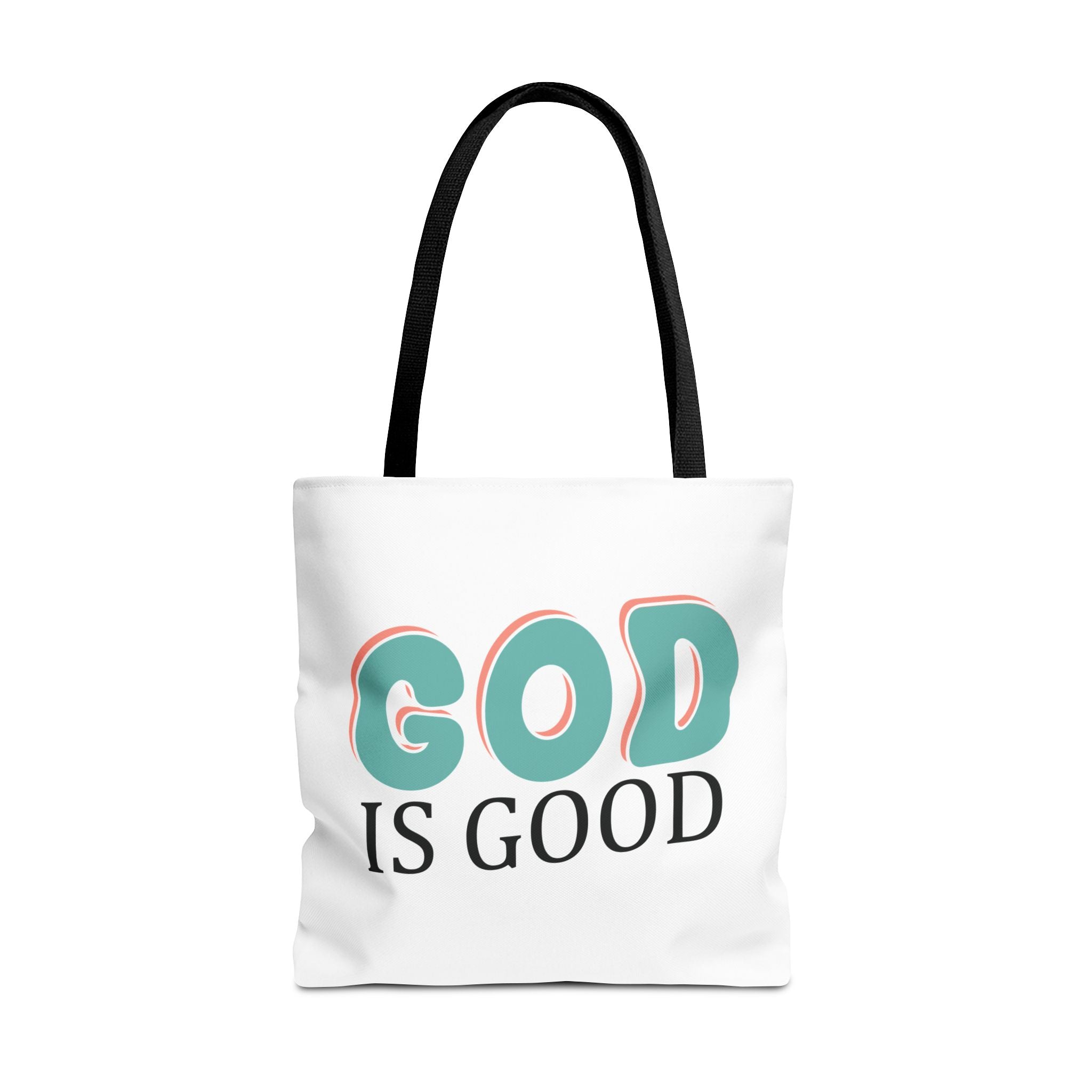Front view of large White tote bag with black handles and colorful graphic that says God is Good