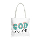 Front view of large White tote bag with white handles and colorful graphic that says God is Good