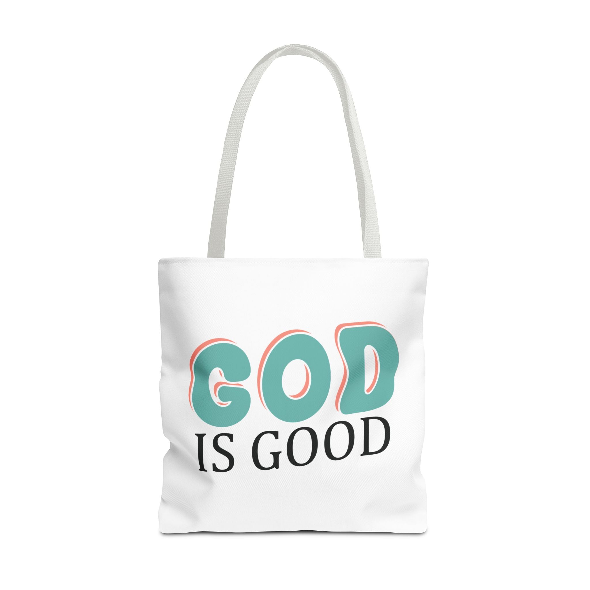 Front view of large White tote bag with white handles and colorful graphic that says God is Good
