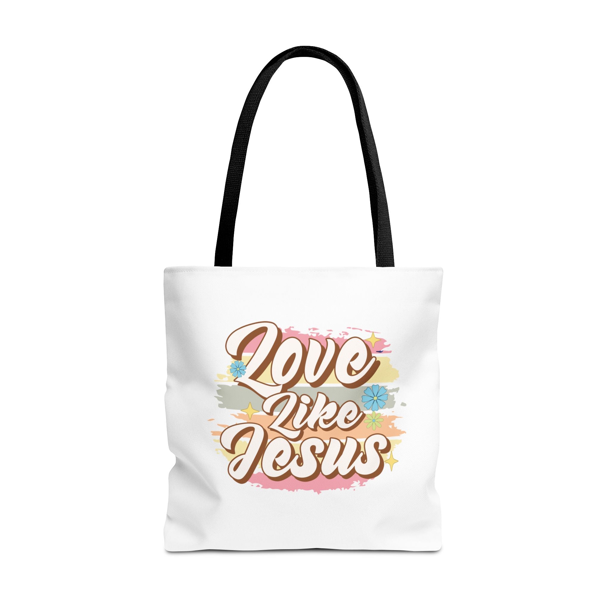 Front view of large White tote bag with black handles and colorful graphic with text Love Like Jesus
