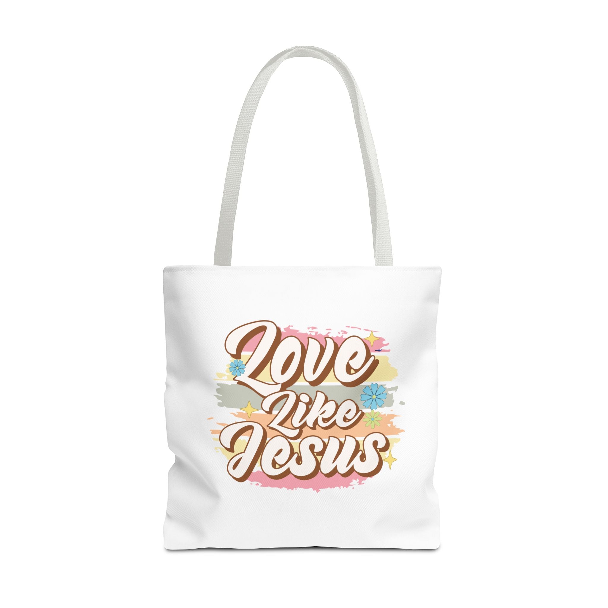Front view of large White tote bag with white handles and colorful graphic with text Love Like Jesus