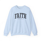 Front view of Light Blue crewneck sweatshirt with black large FAITH text and Ephesians 2:8 below it across chest