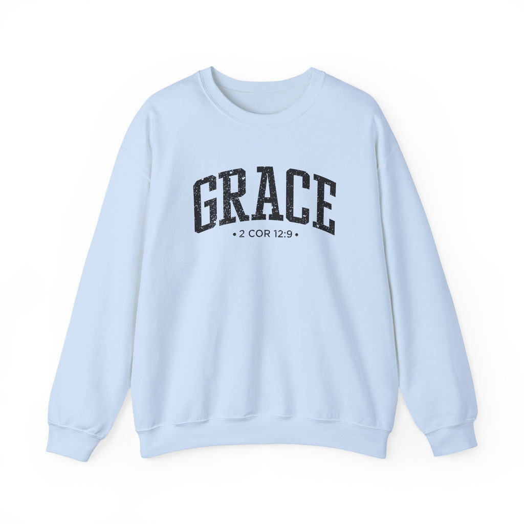 Front view of Light Blue crewneck sweatshirt with black large GRACE text and 2 COR 12:9 below it across chest