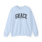 Front view of Light Blue crewneck sweatshirt with black large GRACE text and 2 COR 12:9 below it across chest