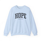 Front view of Light Blue crewneck sweatshirt with black large HOPE text and Psalm 130:5 below it across chest