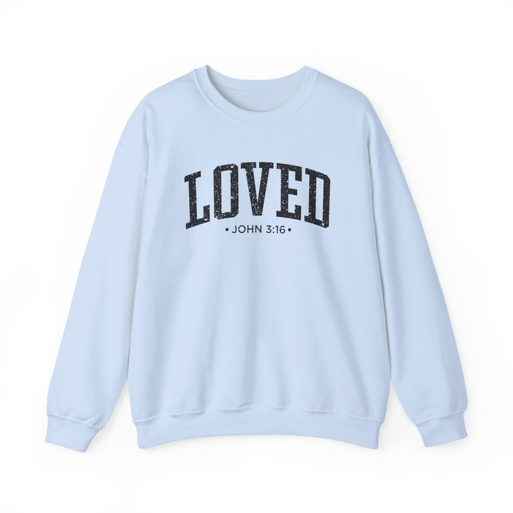 Front view of Light Blue crewneck sweatshirt with black large LOVED text and John 3:16 below it across chest