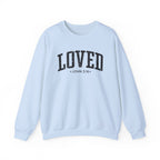 Front view of Light Blue crewneck sweatshirt with black large LOVED text and John 3:16 below it across chest