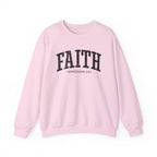 Front view of Light Pink crewneck sweatshirt with black large FAITH text and Ephesians 2:8 below it across chest