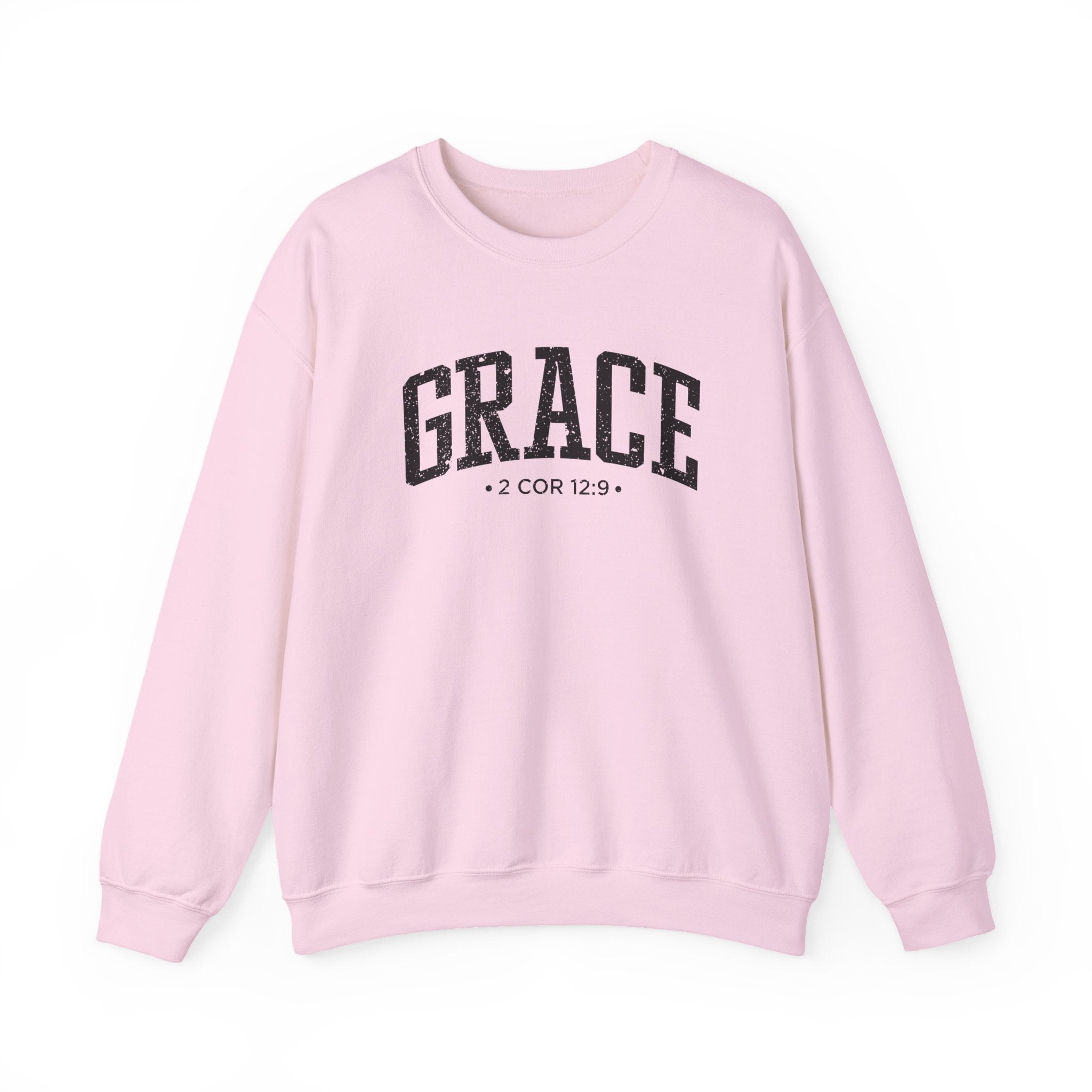 Front view of Light Pink crewneck sweatshirt with black large GRACE text and 2 COR 12:9 below it across chest