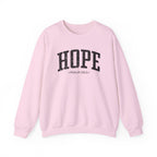 Front view of Light Pink crewneck sweatshirt with black large HOPE text and Psalm 130:5 below it across chest
