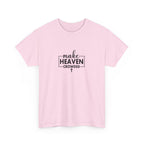 Front view of Light Pink t-shirt with black text Make Heaven Crowded centered on chest