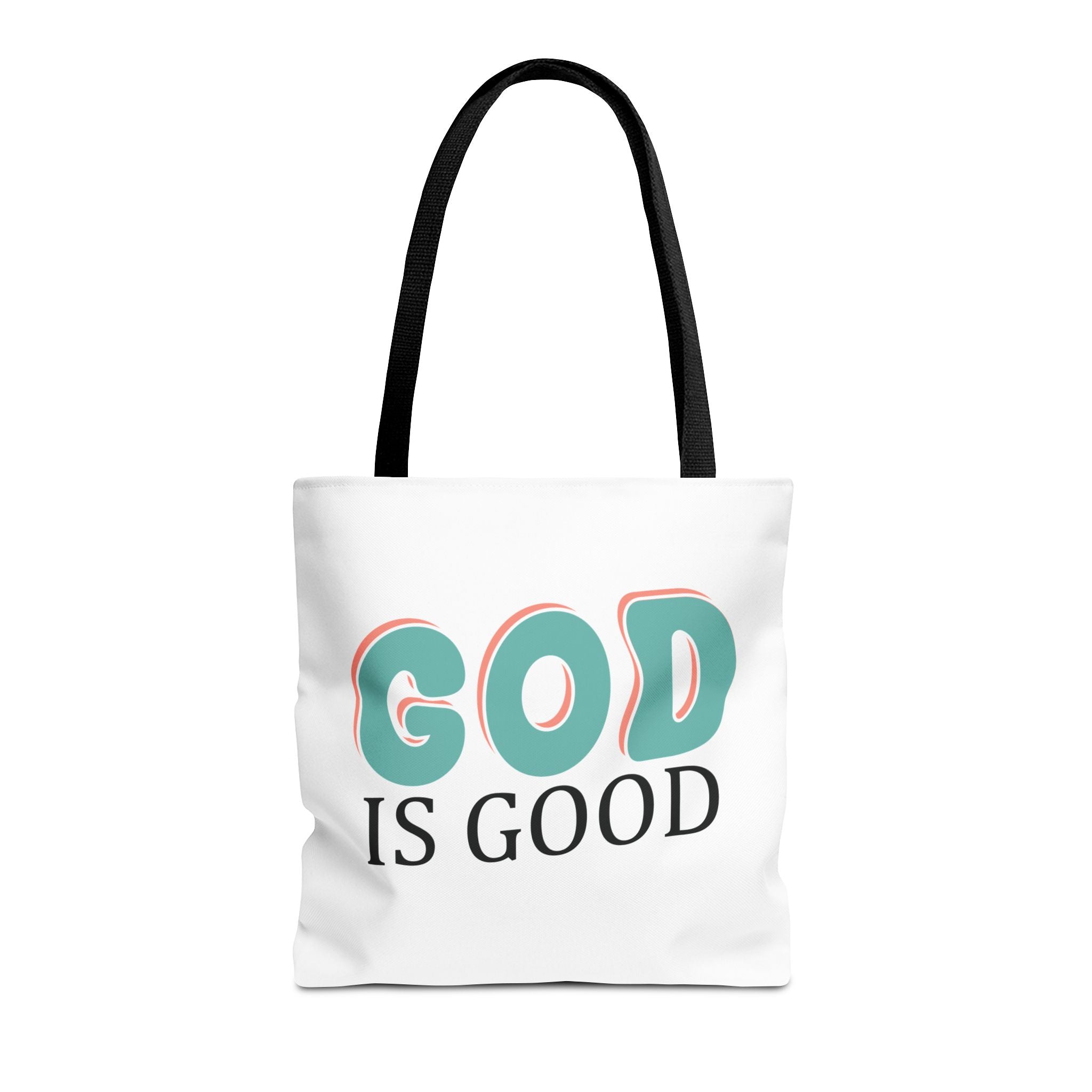 Front view of medium White tote bag with black handles and colorful graphic that says God is Good