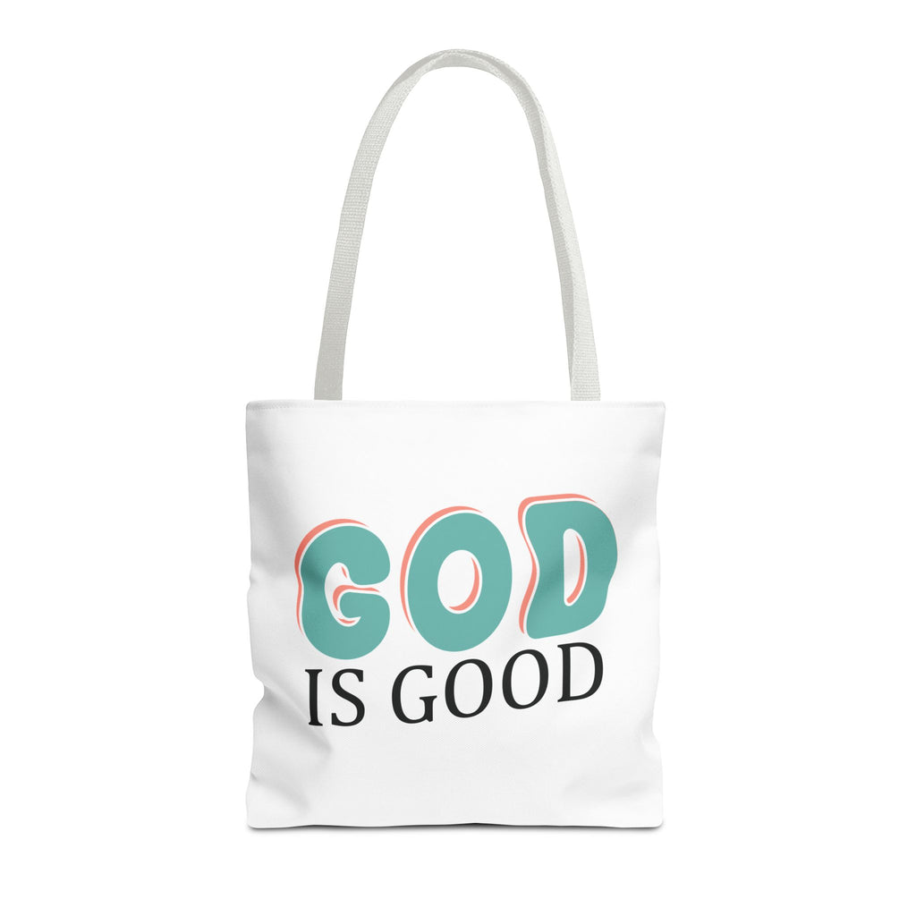 Front view of medium White tote bag with white handles and colorful graphic that says God is Good