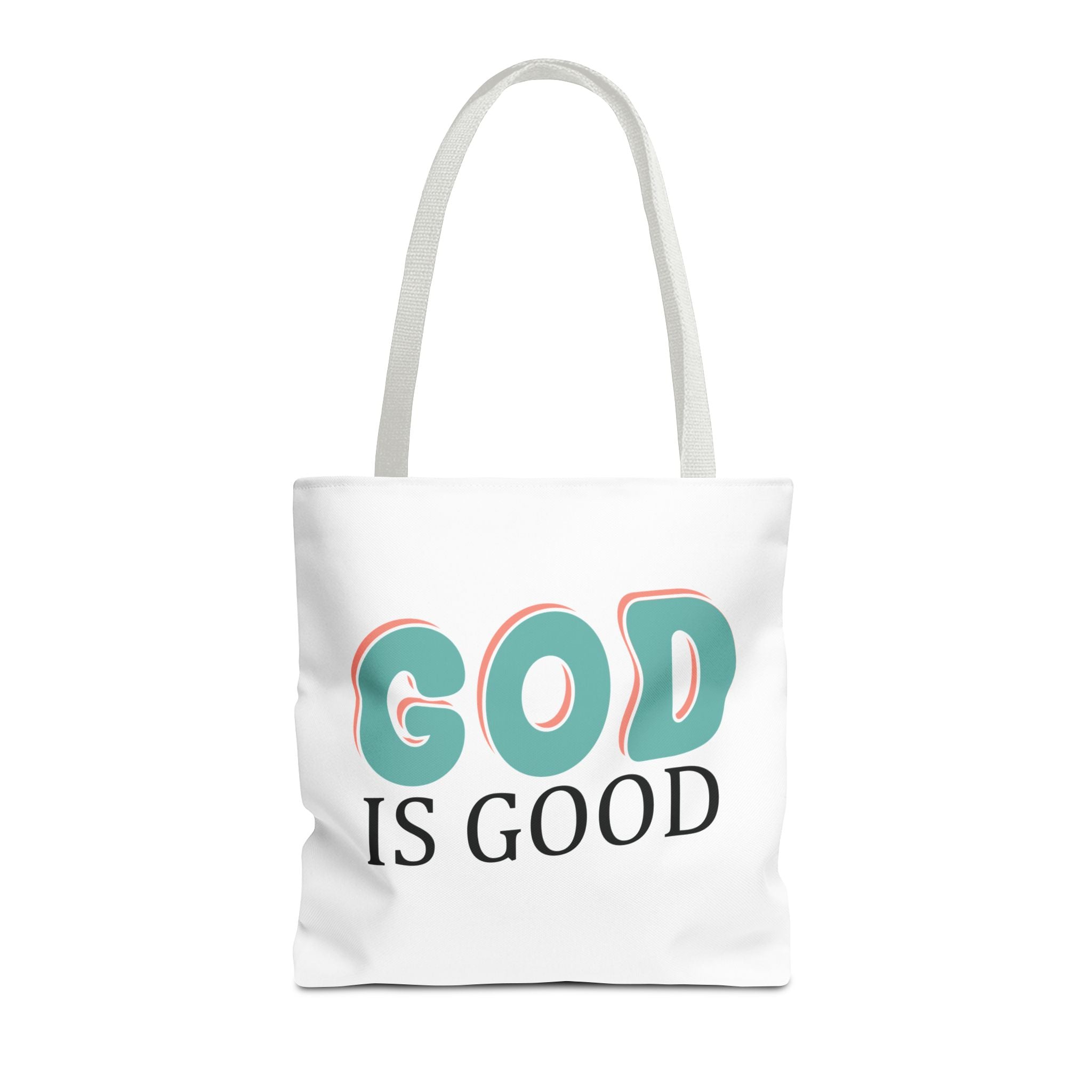 Front view of medium White tote bag with white handles and colorful graphic that says God is Good