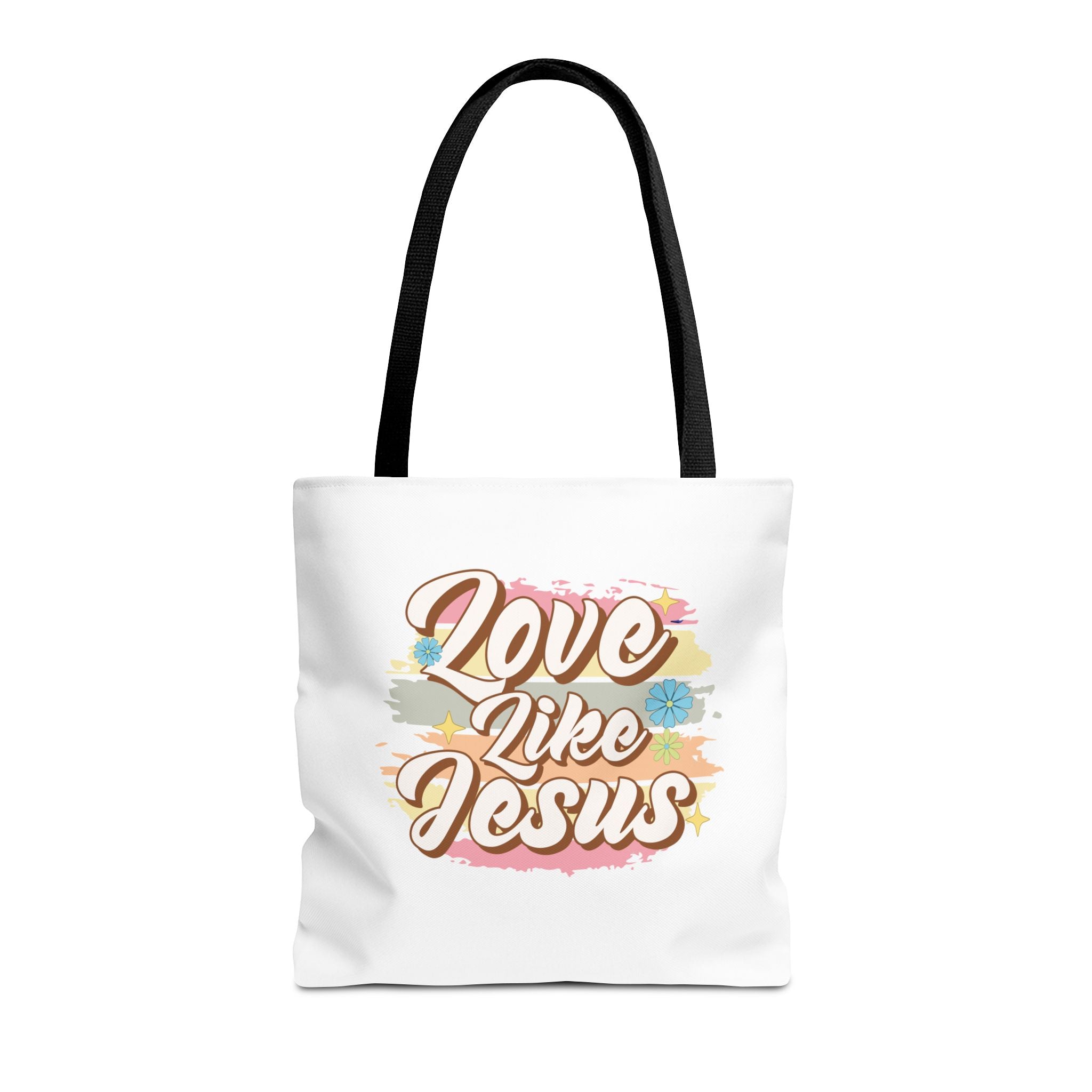 Front view of medium White tote bag with black handles and colorful graphic with text Love Like Jesus