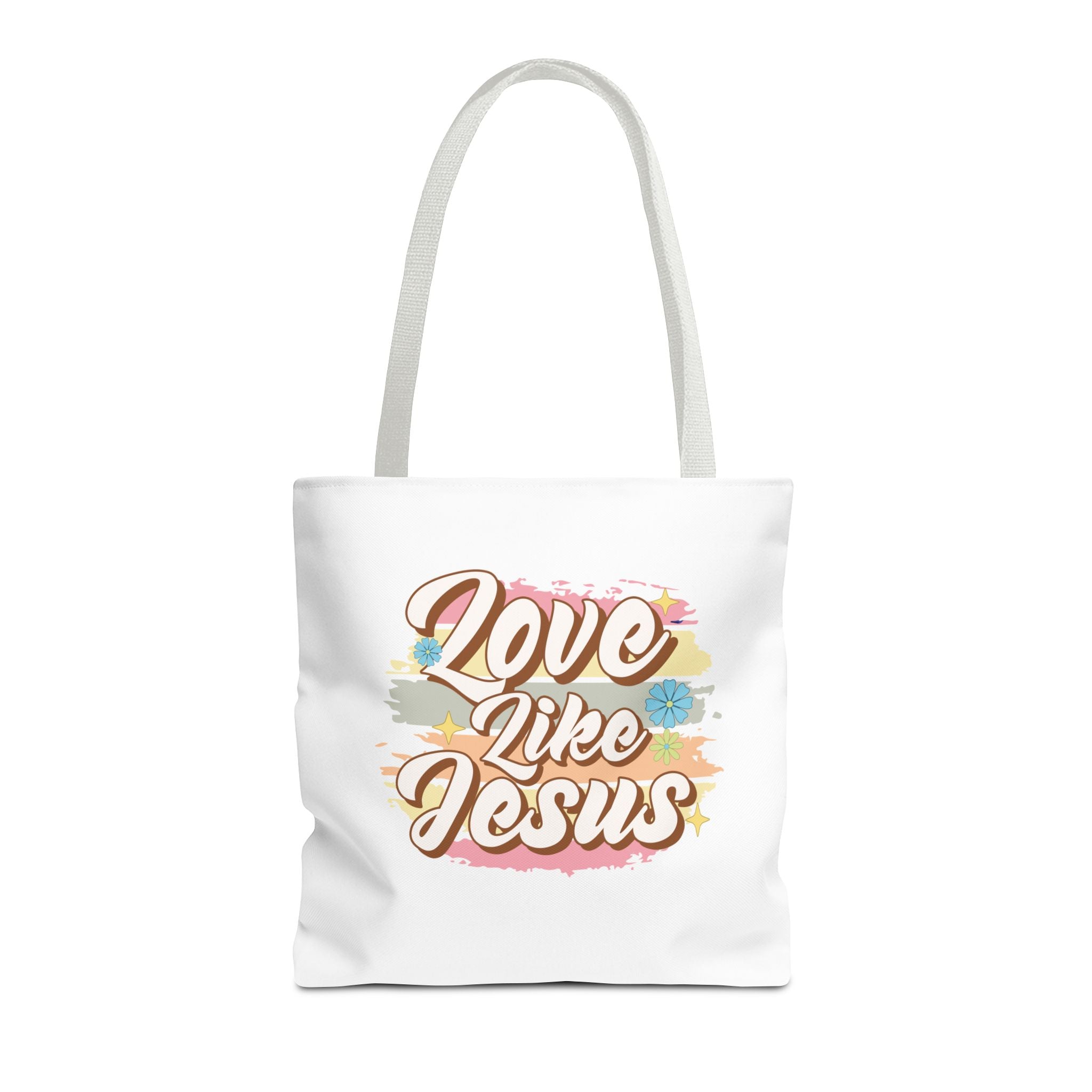 Front view of medium White tote bag with white handles and colorful graphic with text Love Like Jesus