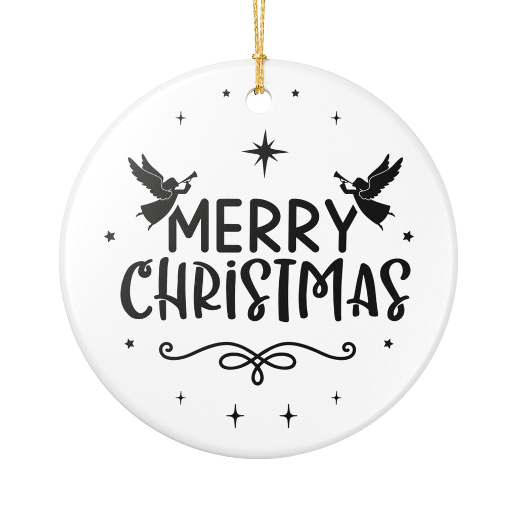 Front view of White ceramic Christmas ornament with graphic displaying stars, angels, and text that says Merry Christmas