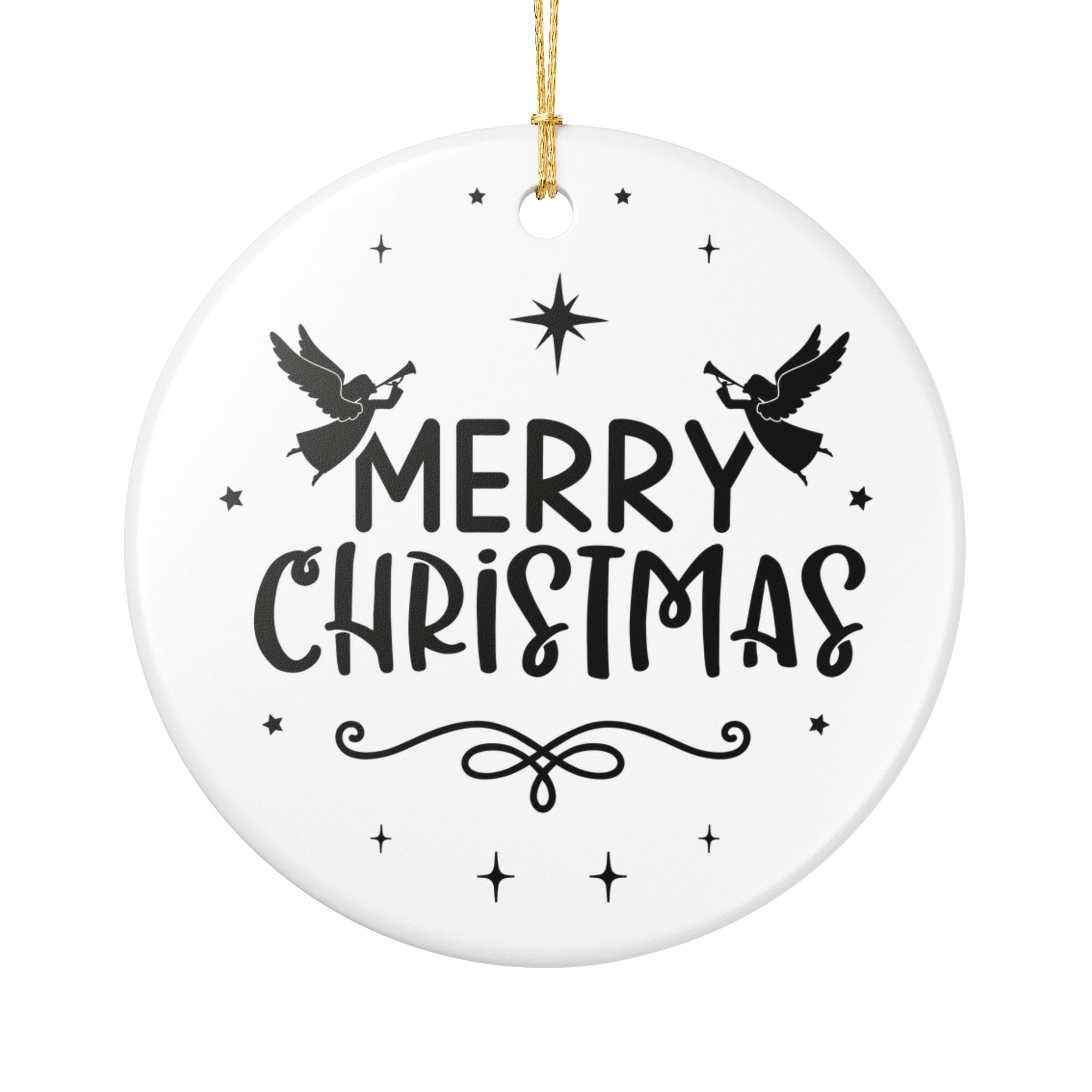 Front view of White ceramic Christmas ornament with graphic displaying stars, angels, and text that says Merry Christmas