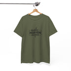Front view of Military Green t-shirt with black text Make Heaven Crowded centered on chest. Displayed on a hanger.