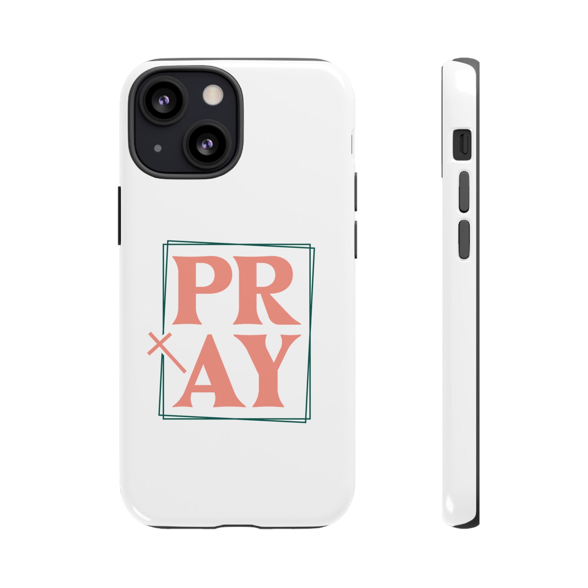 White iPhone case with pink text graphic that says PRAY displayed on an iPhone 13 Mini