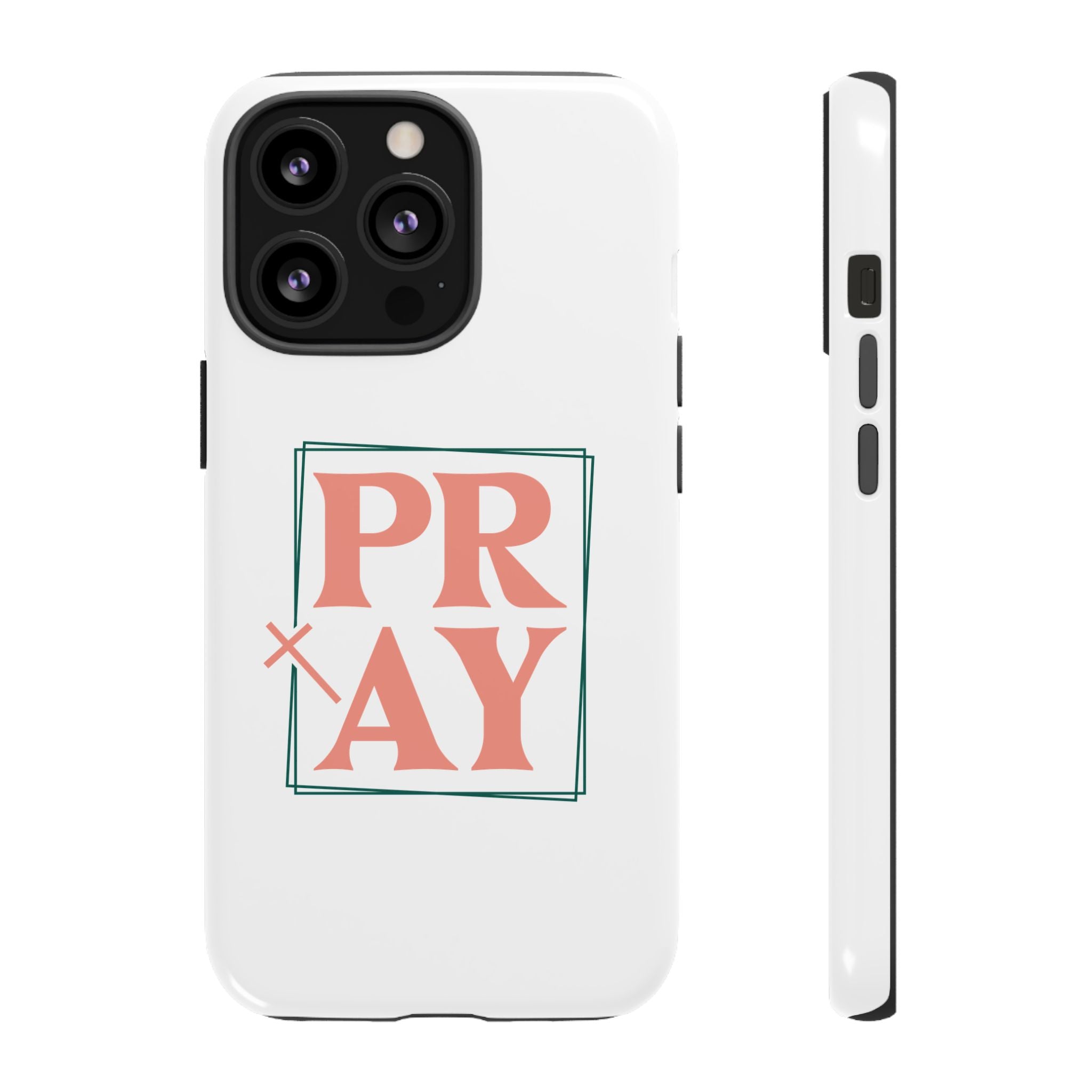 White iPhone case with pink text graphic that says PRAY displayed on an iPhone 13 Pro