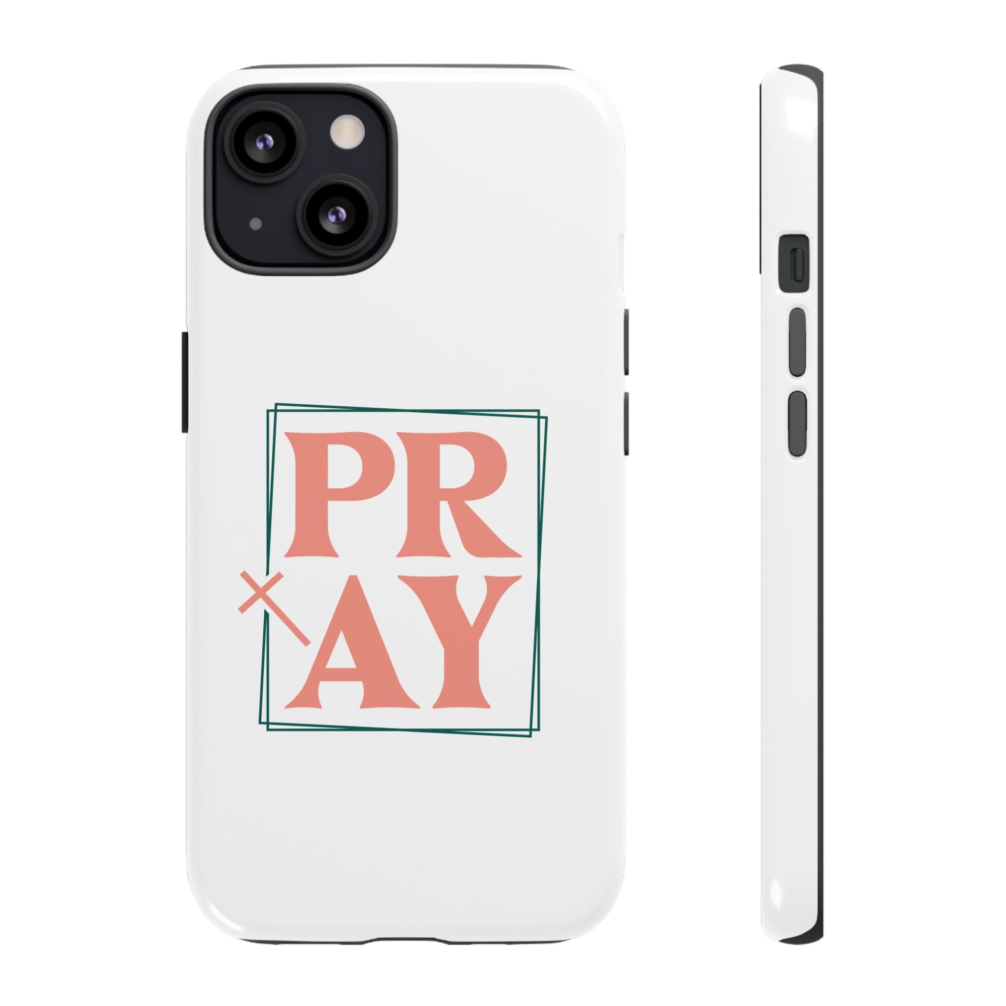 White iPhone case with pink text graphic that says PRAY displayed on an iPhone 13
