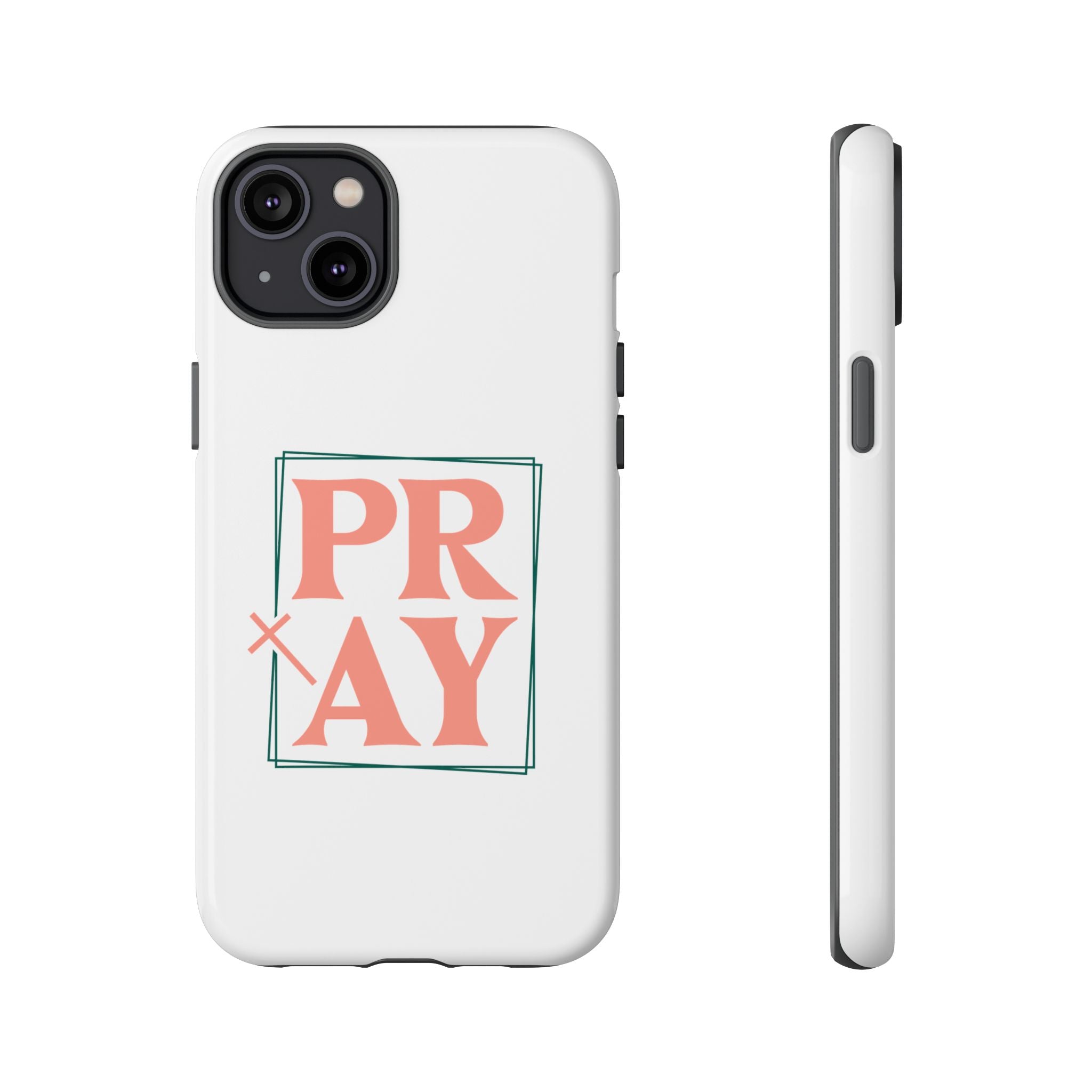 White iPhone case with pink text graphic that says PRAY displayed on an iPhone 14 Plus