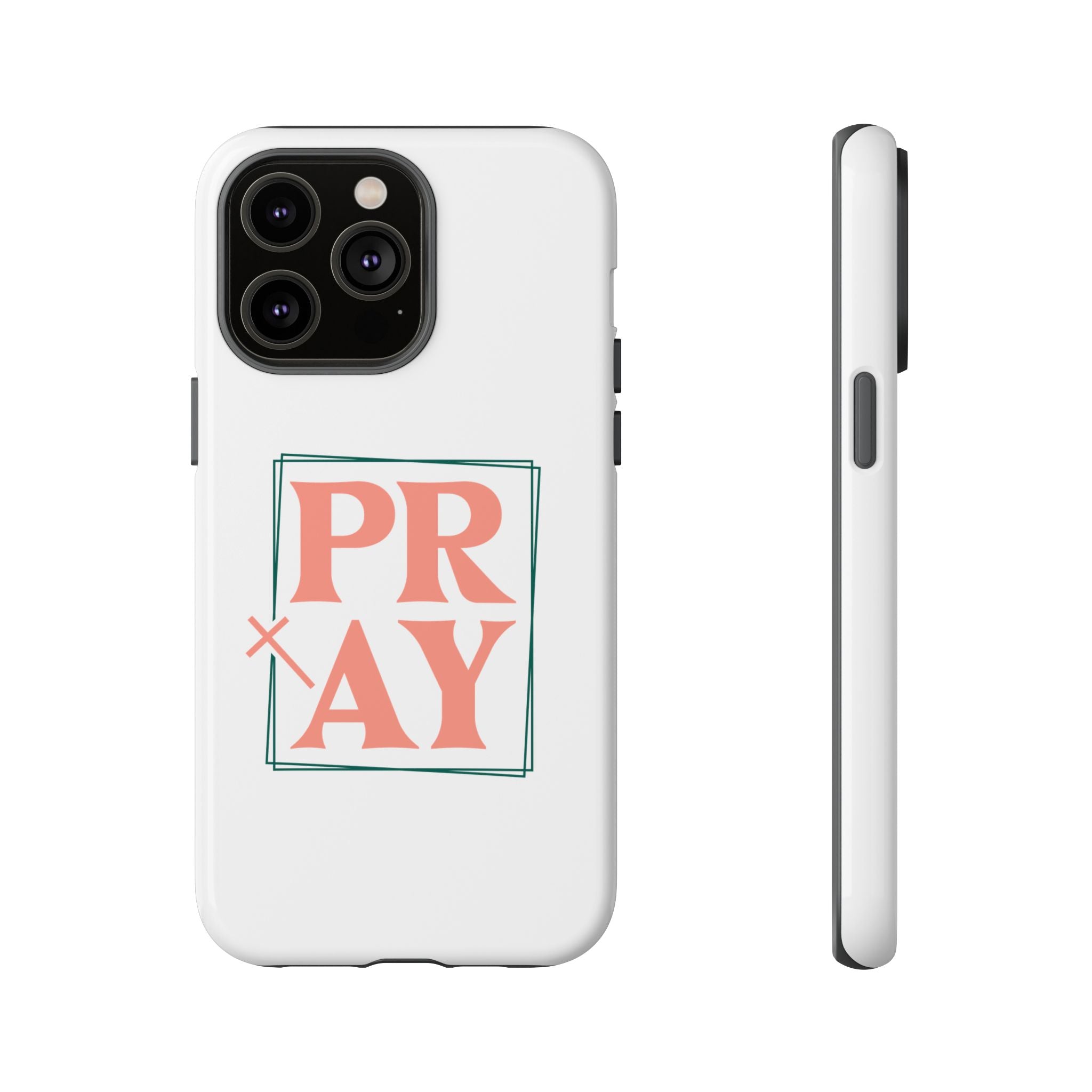White iPhone case with pink text graphic that says PRAY displayed on an iPhone 14 Pro Max