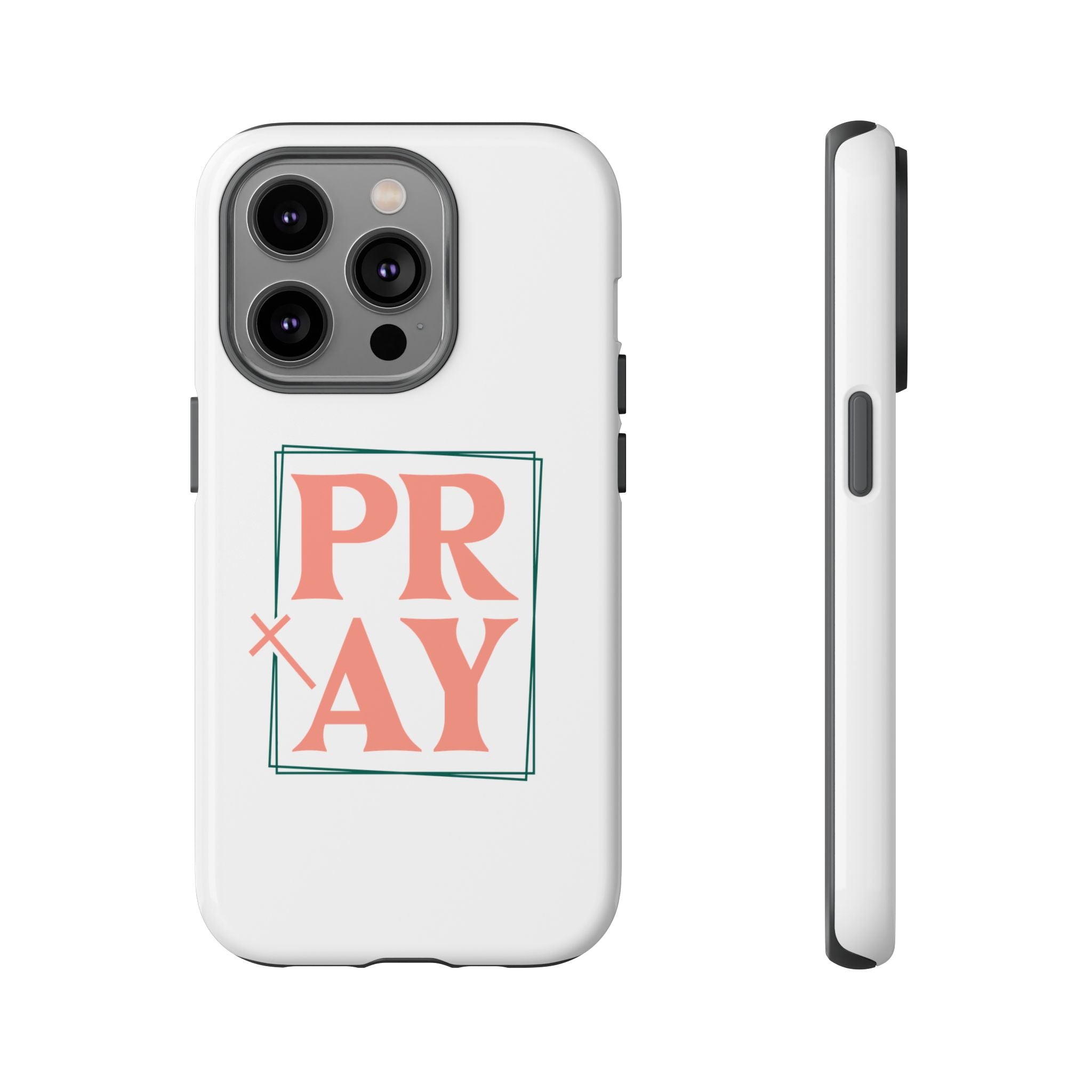 White iPhone case with pink text graphic that says PRAY displayed on an iPhone 14 Pro