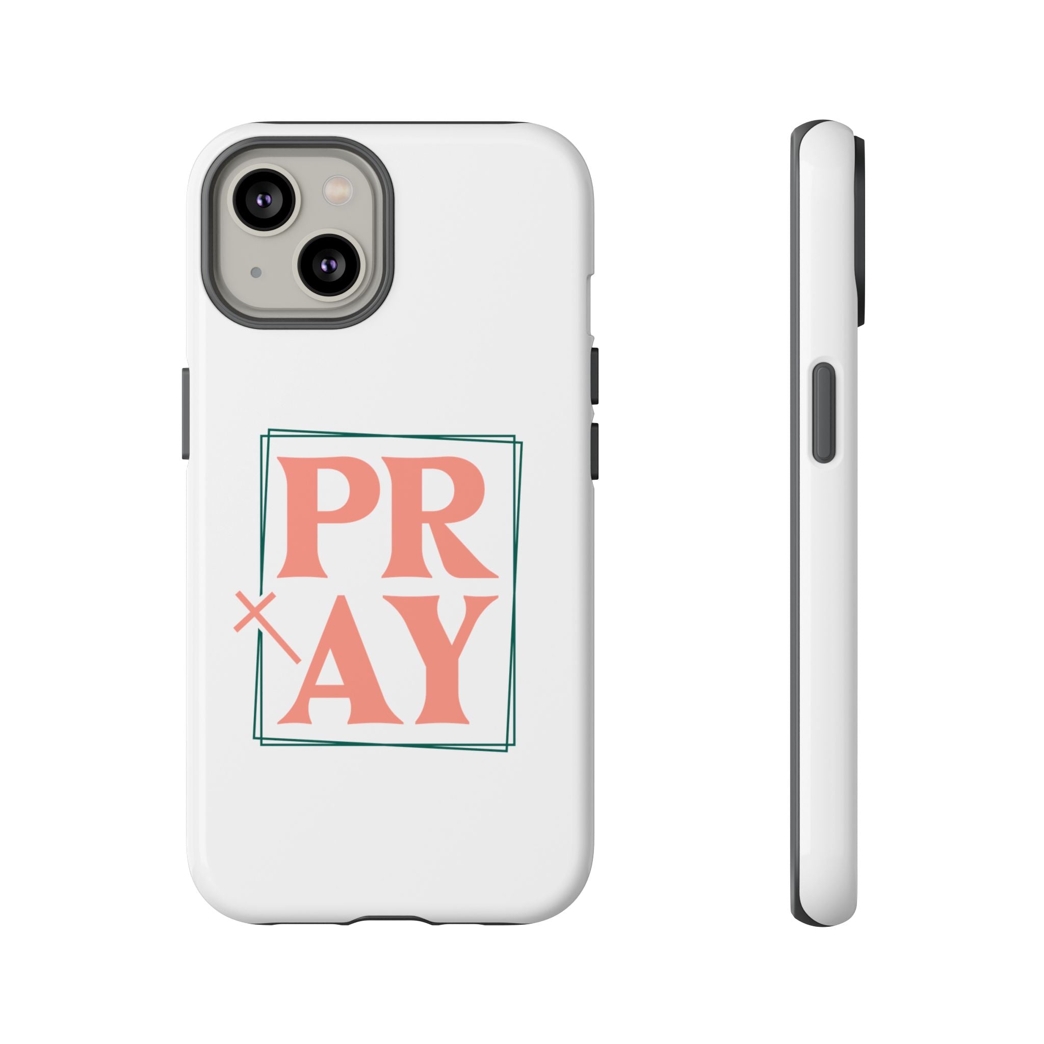 White iPhone case with pink text graphic that says PRAY displayed on an iPhone 14