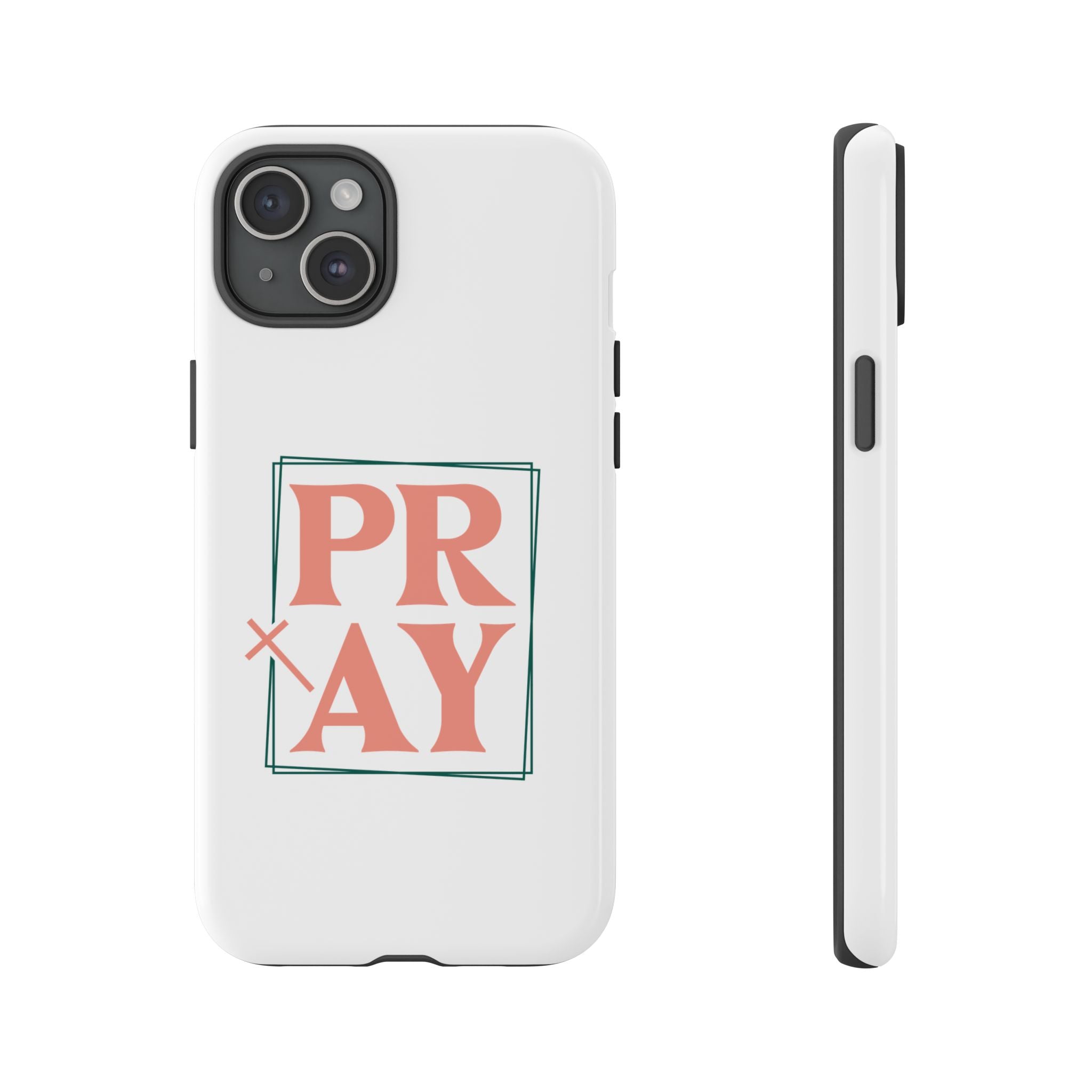 White iPhone case with pink text graphic that says PRAY displayed on an iPhone 15 Plus
