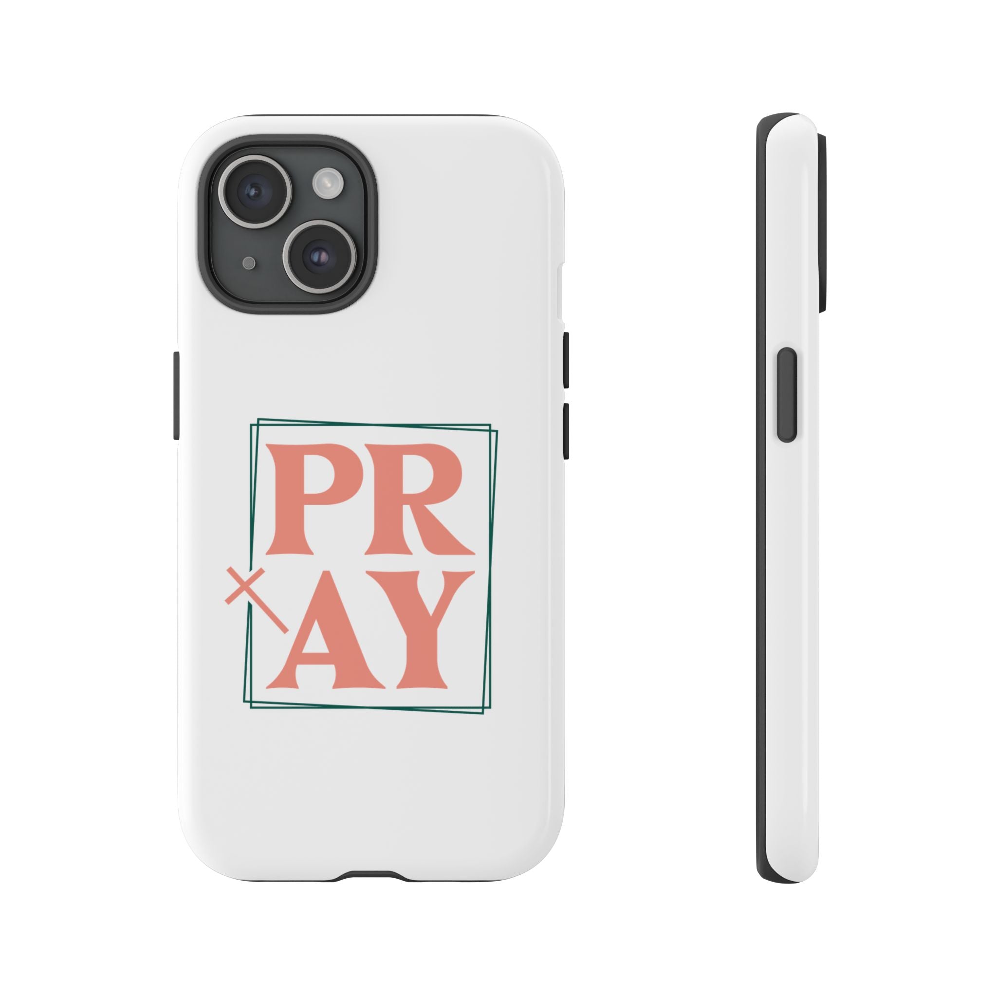 White iPhone case with pink text graphic that says PRAY displayed on an iPhone 15