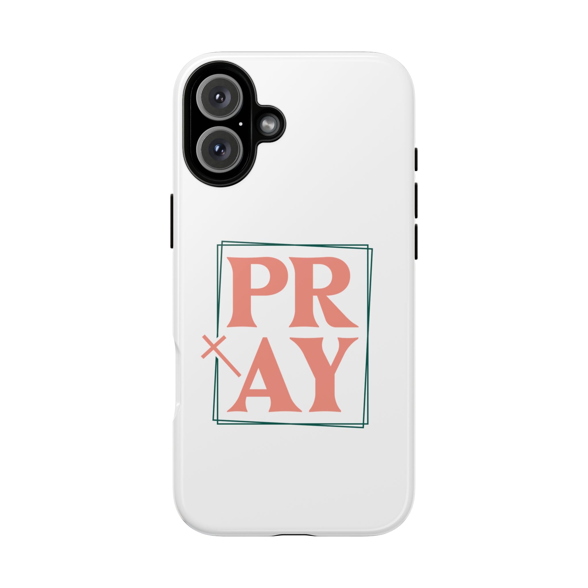 White iPhone case with pink text graphic that says PRAY displayed on an iPhone 16 Plus