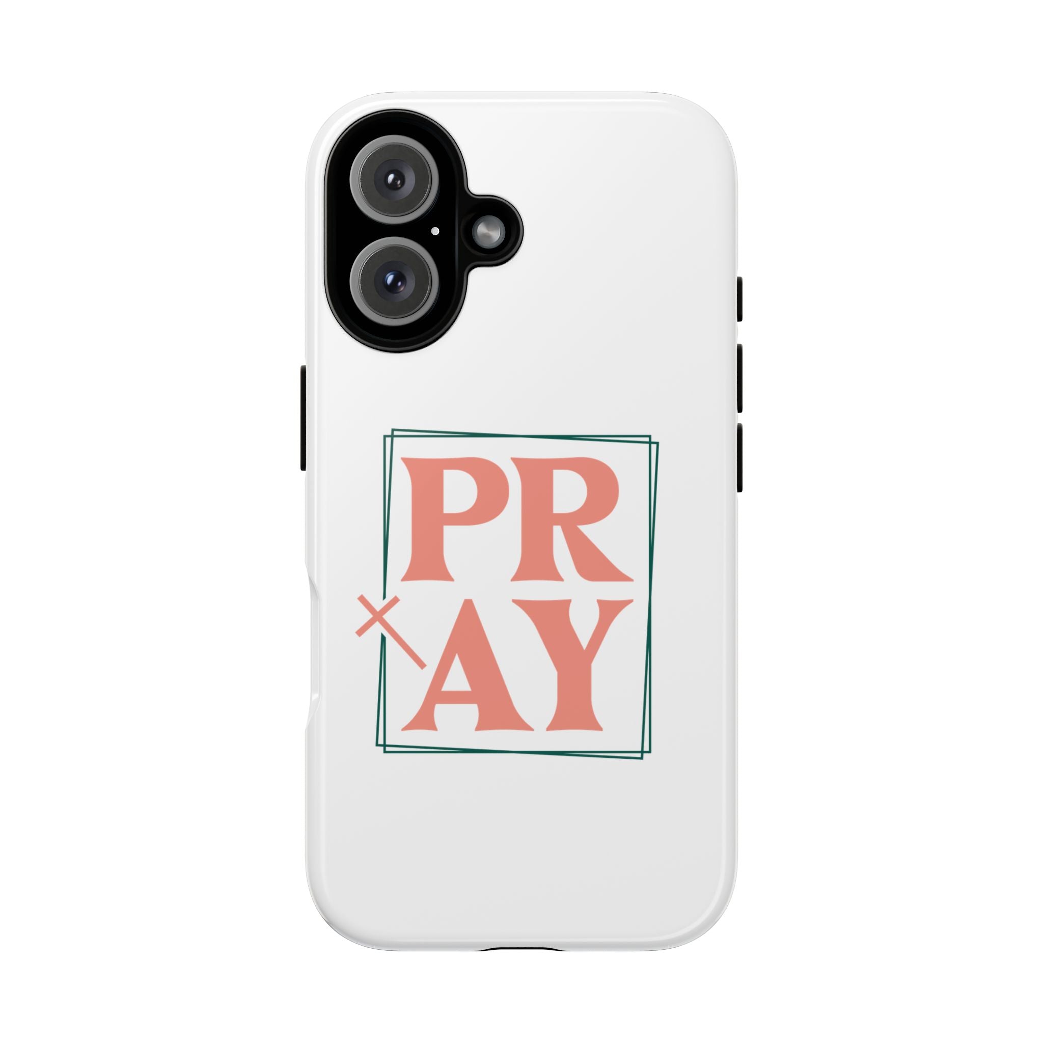 White iPhone case with pink text graphic that says PRAY displayed on an iPhone 16