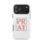 White iPhone case with pink text graphic that says PRAY displayed on an iPhone 17 Pro Max