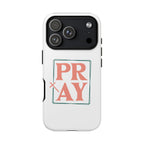 White iPhone case with pink text graphic that says PRAY displayed on an iPhone 17 Pro