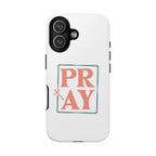 White iPhone case with pink text graphic that says PRAY displayed on an iPhone 17