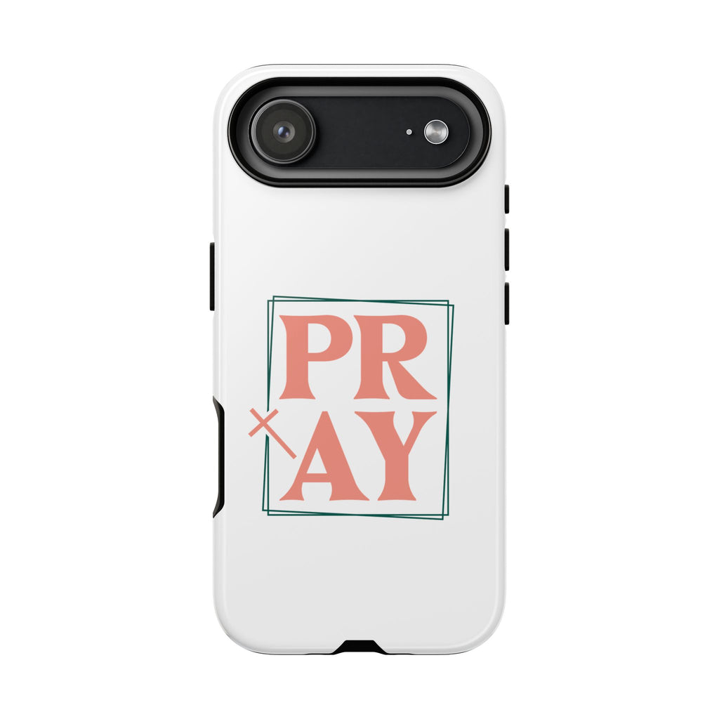 White iPhone case with pink text graphic that says PRAY displayed on an iPhone 17 Air