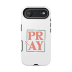 White iPhone case with pink text graphic that says PRAY displayed on an iPhone 17 Air