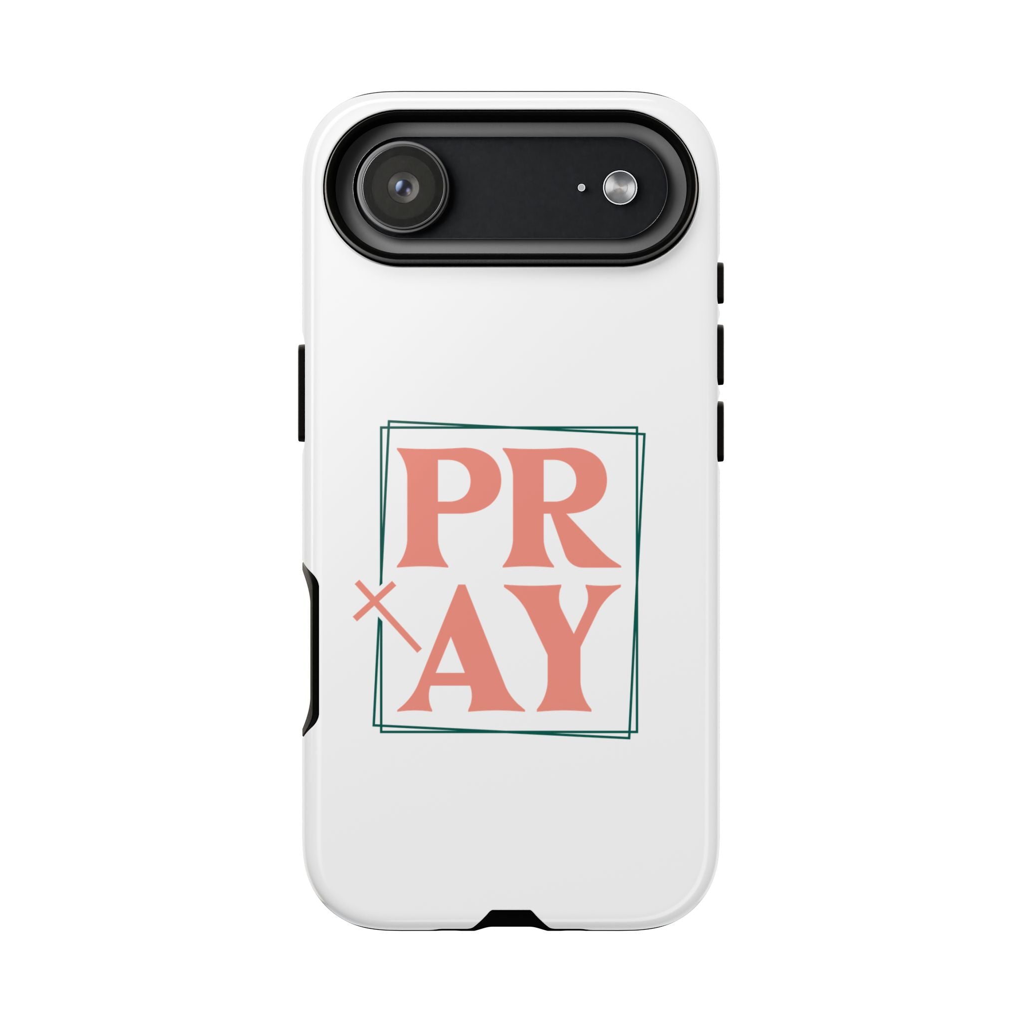 White iPhone case with pink text graphic that says PRAY displayed on an iPhone 17 Air